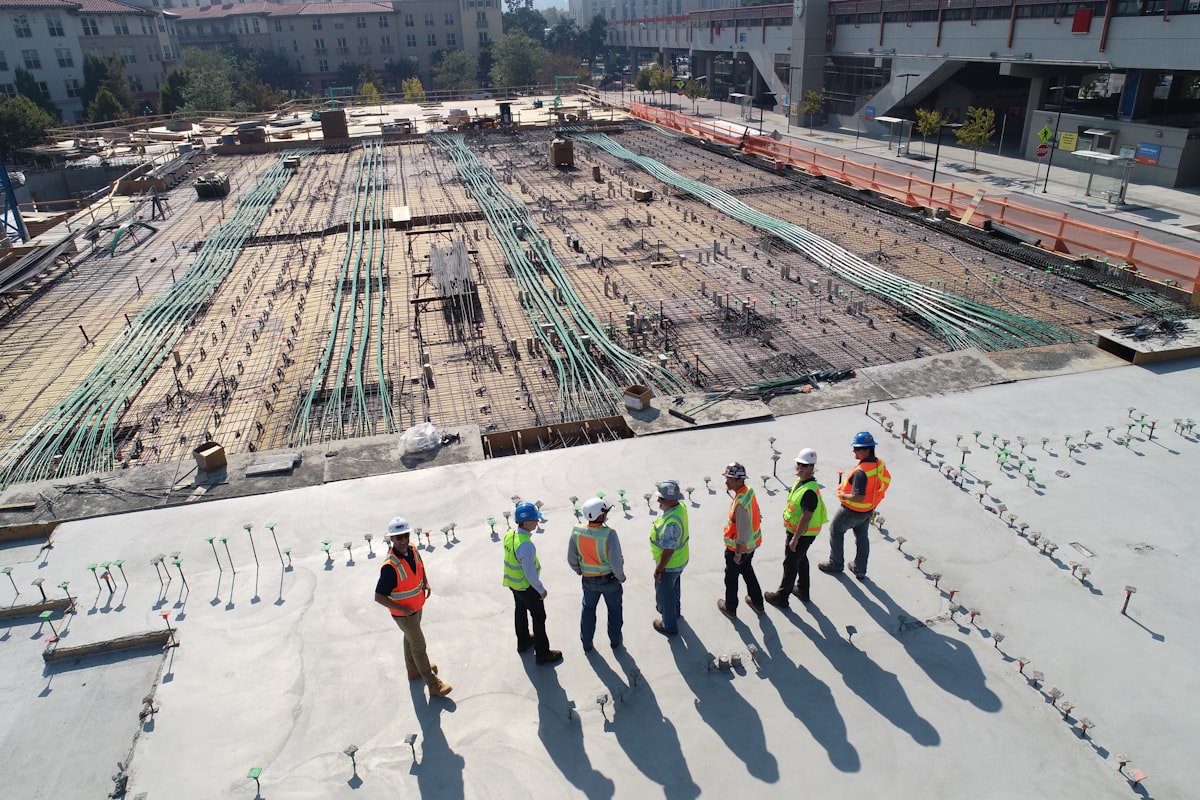 Construction site with engineering team